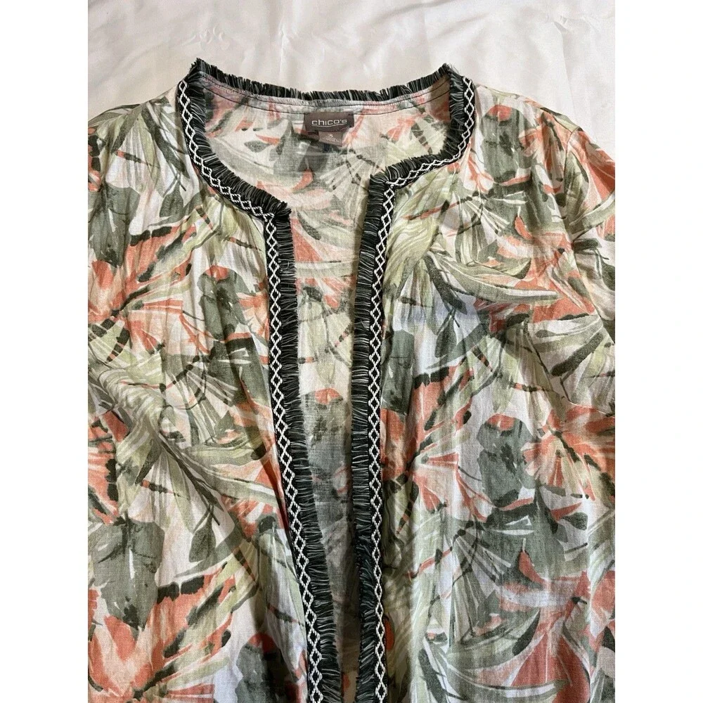 Chicos Havana Fringe Trim Linen Blend Jacket Tropical Floral Size 3 Womens XL - Picture 6 of 10